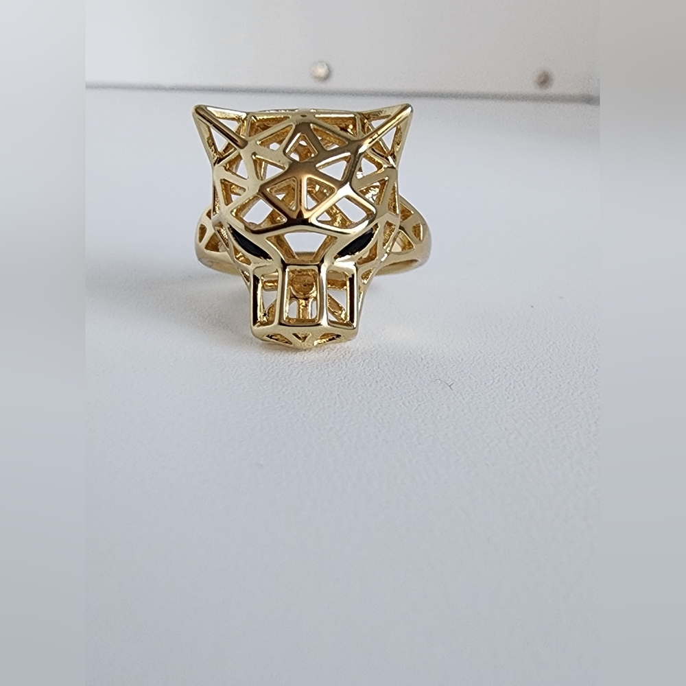 Gold Plated Panther Ring Size 8 Geometric Animal Head Statement Ring Black Eyes - Picture 4 of 8